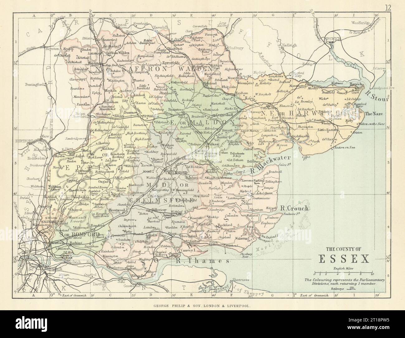 ESSEX. Antica mappa della contea. Ferrovie. Circoscrizioni. PHILIP 1889 vecchio Foto Stock