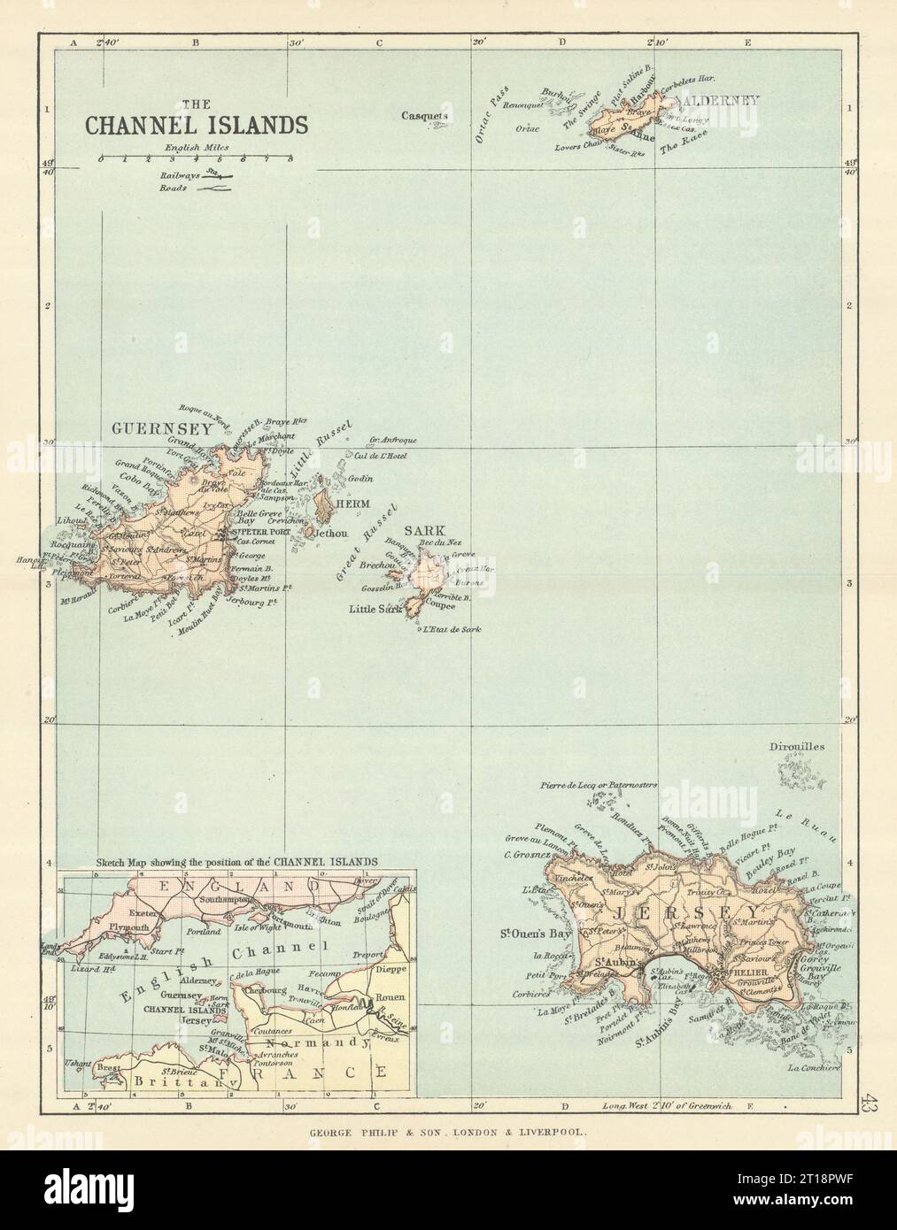 ISOLE DEL CANALE. Mappa antica. Jersey Guernsey Sark Alderney. PHILIP 1889 Foto Stock
