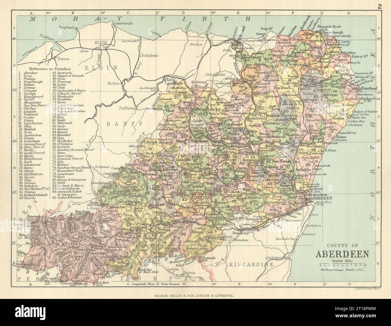 "Contea di Aberdeen". Aberdeenshire. Parrocchie. BARTHOLOMEW 1886 vecchia mappa Foto Stock