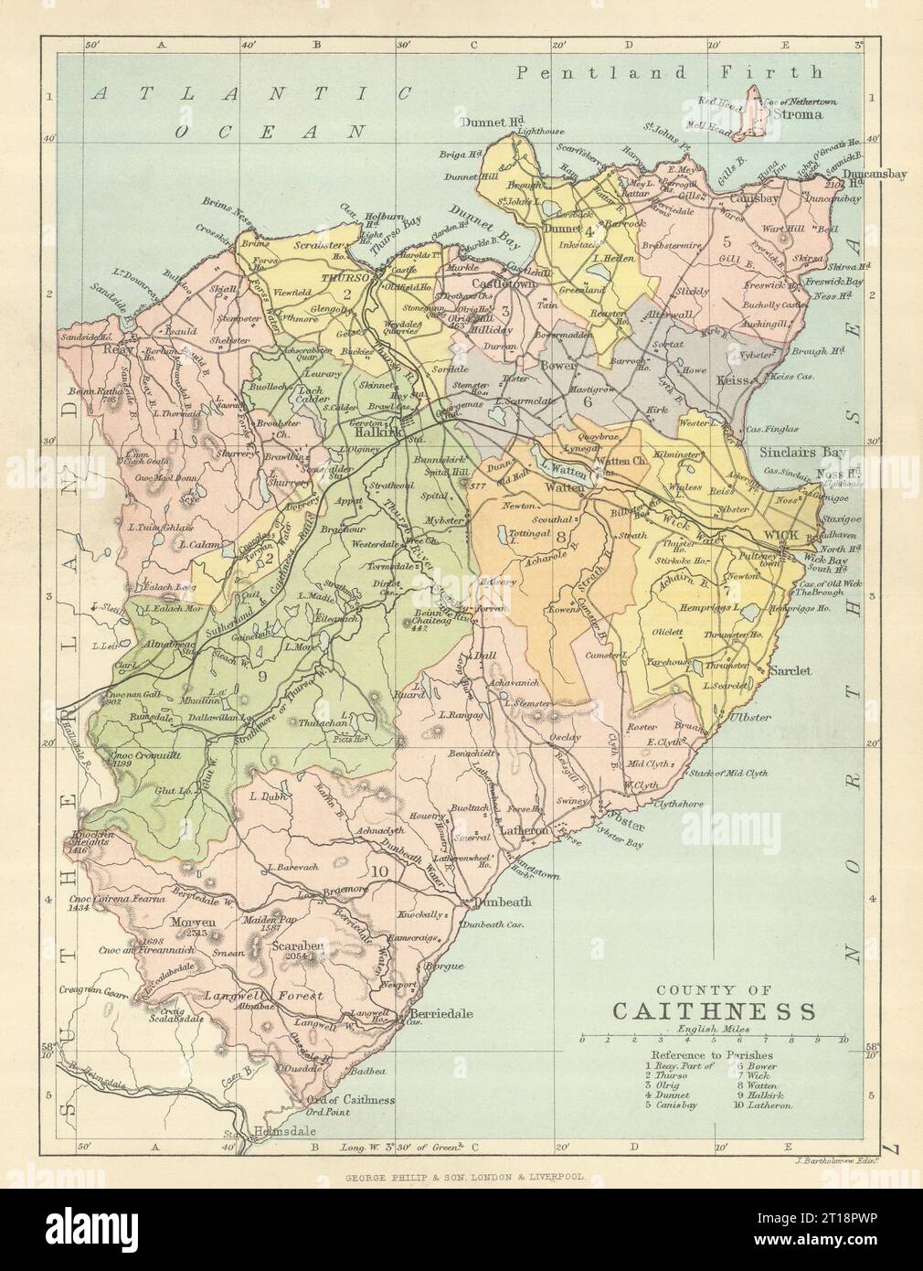 "Contea di Caithness". Caithness-shire. Parrocchie. BARTHOLOMEW 1886 vecchia mappa Foto Stock