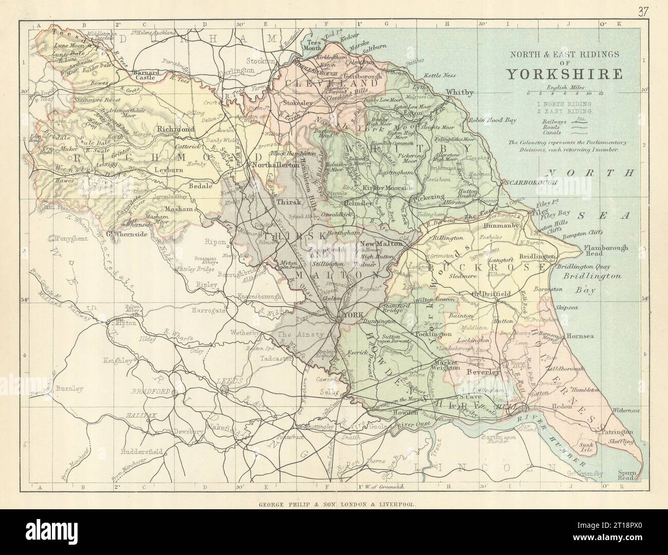 YORKSHIRE NORTH & EAST RIDINGS. Mappa della contea. Circoscrizioni ferroviarie. PHILIP 1889 Foto Stock