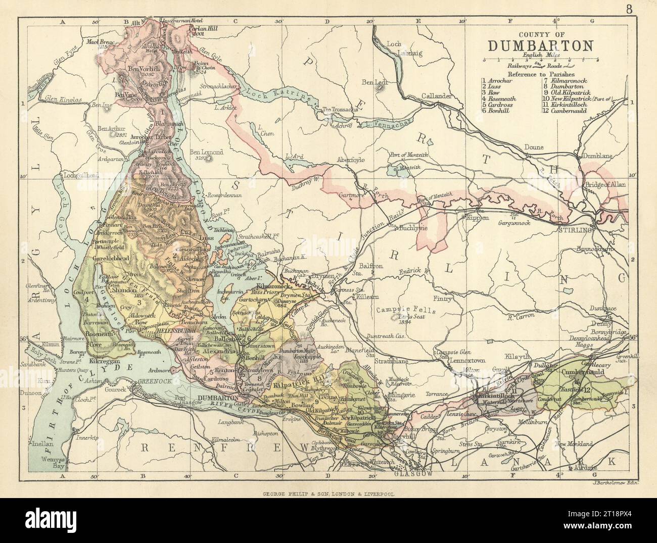 "Contea di Dumbarton". Dumbartonshire. Parrocchie. BARTHOLOMEW 1886 vecchia mappa Foto Stock