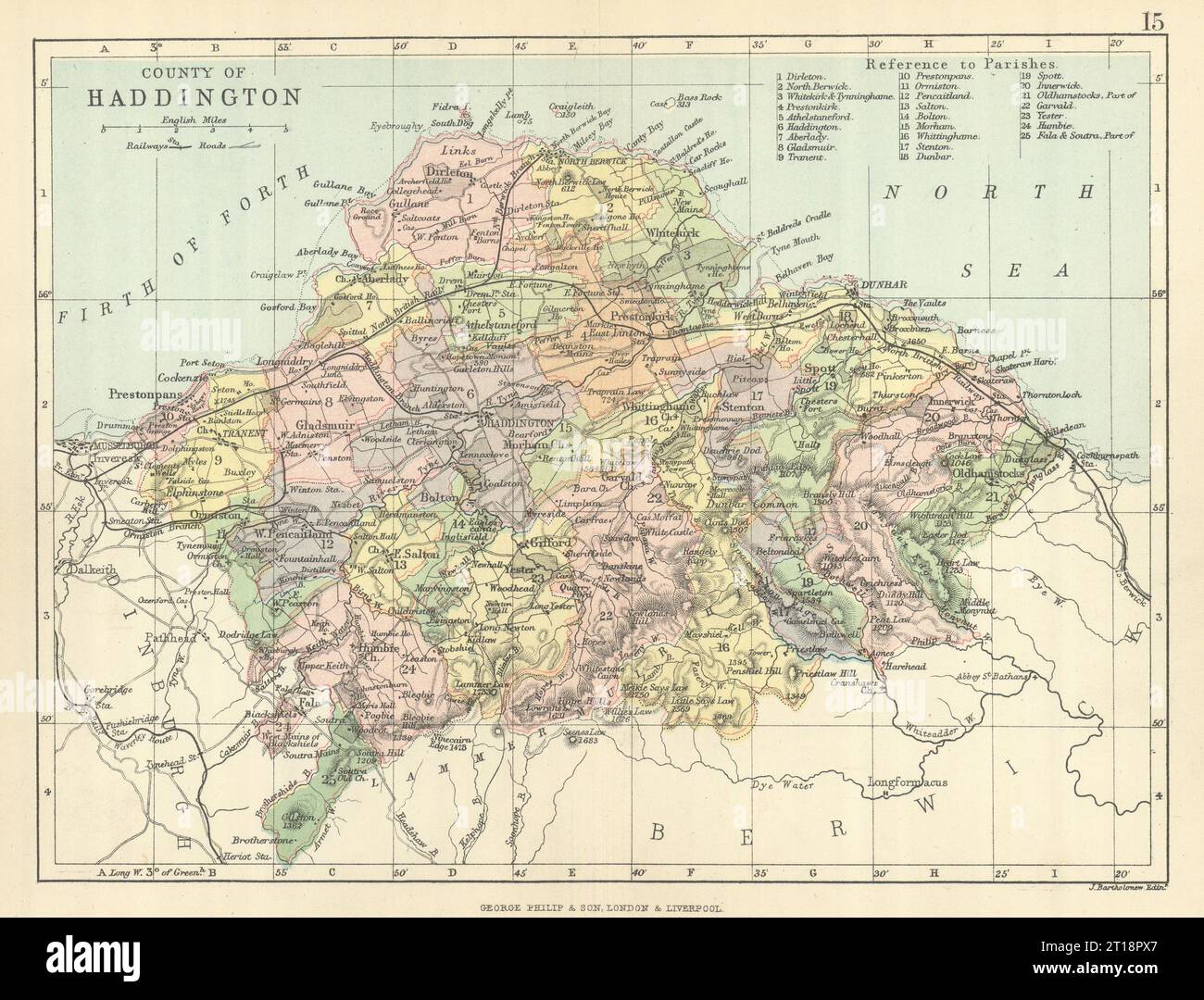 "Contea di Haddington". Haddingtonshire. Parrocchie. BARTHOLOMEW 1886 vecchia mappa Foto Stock