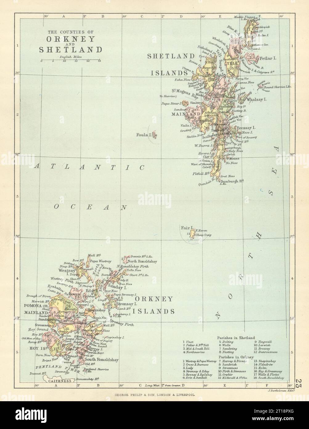 Le contee delle Orcadi e delle Shetland. Parrocchie. BARTHOLOMEW 1886 vecchia mappa Foto Stock