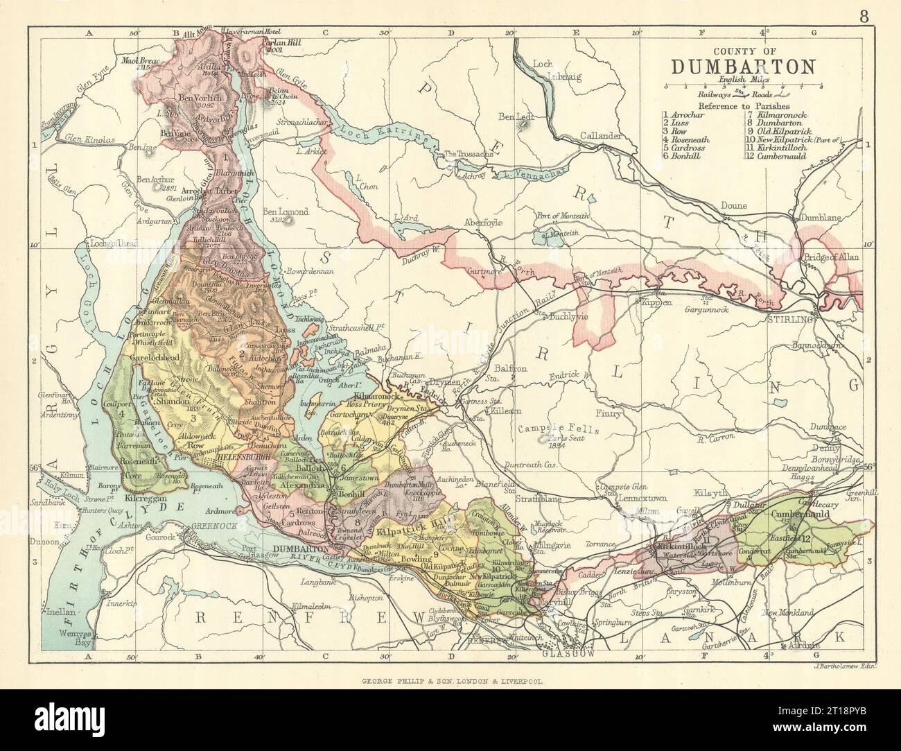 "Contea di Dumbarton". Dumbartonshire. Parrocchie. BARTHOLOMEW 1888 vecchia mappa Foto Stock