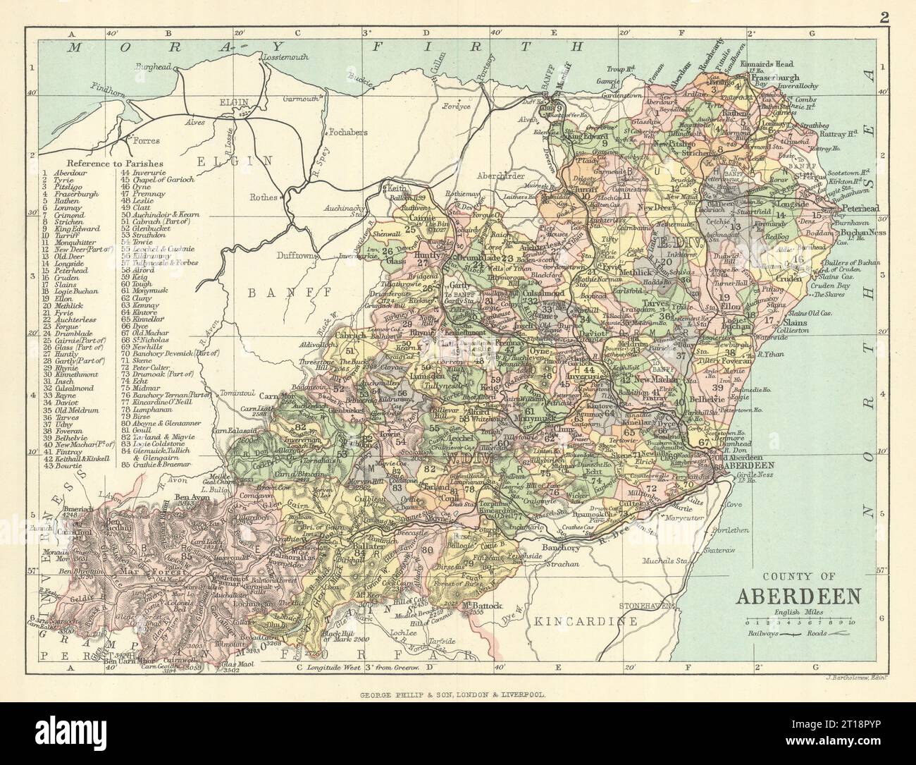 "Contea di Aberdeen". Aberdeenshire. Parrocchie. BARTHOLOMEW 1888 vecchia mappa Foto Stock