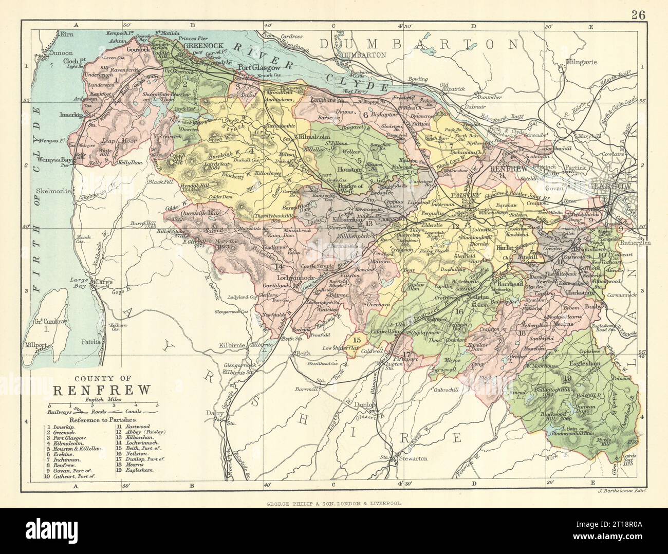 Contea di Renfrew. Renfrewshire. Parrocchie. BARTHOLOMEW 1888 vecchia mappa antica Foto Stock