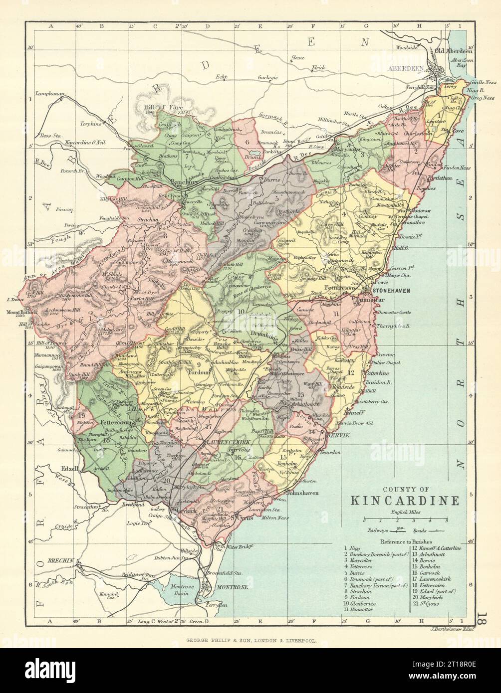Contea di Kincardine. Kincardineshire. Parrocchie. BARTHOLOMEW 1888 vecchia mappa Foto Stock