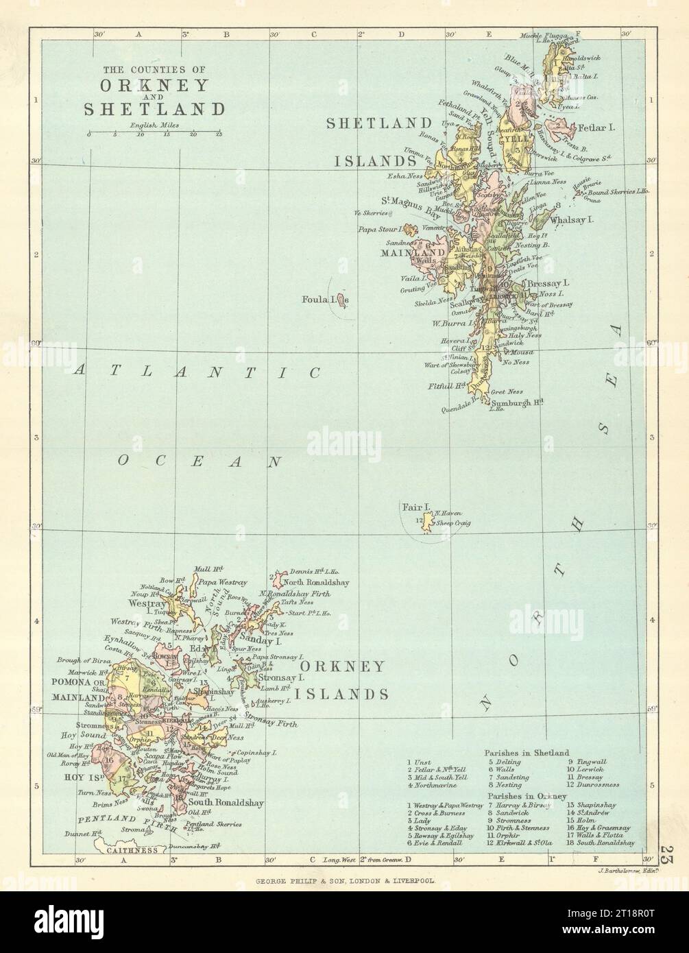Le contee delle Orcadi e delle Shetland. Parrocchie. BARTHOLOMEW 1888 vecchia mappa Foto Stock
