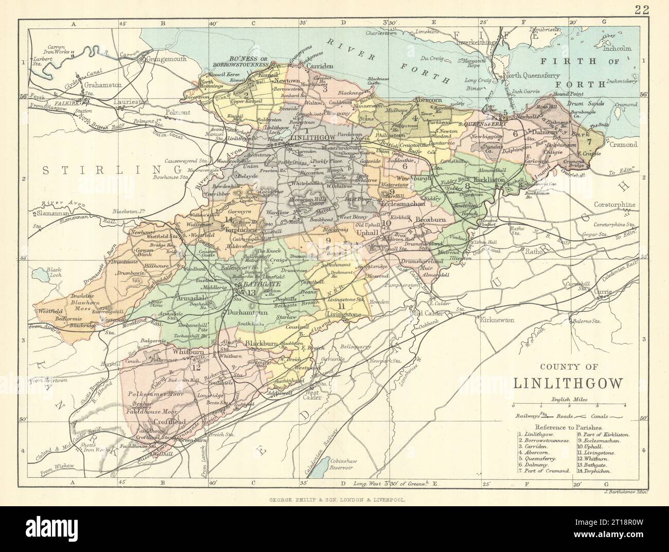 Contea di Linlithgow. Linlithgowshire. Parrocchie. BARTHOLOMEW 1888 vecchia mappa Foto Stock