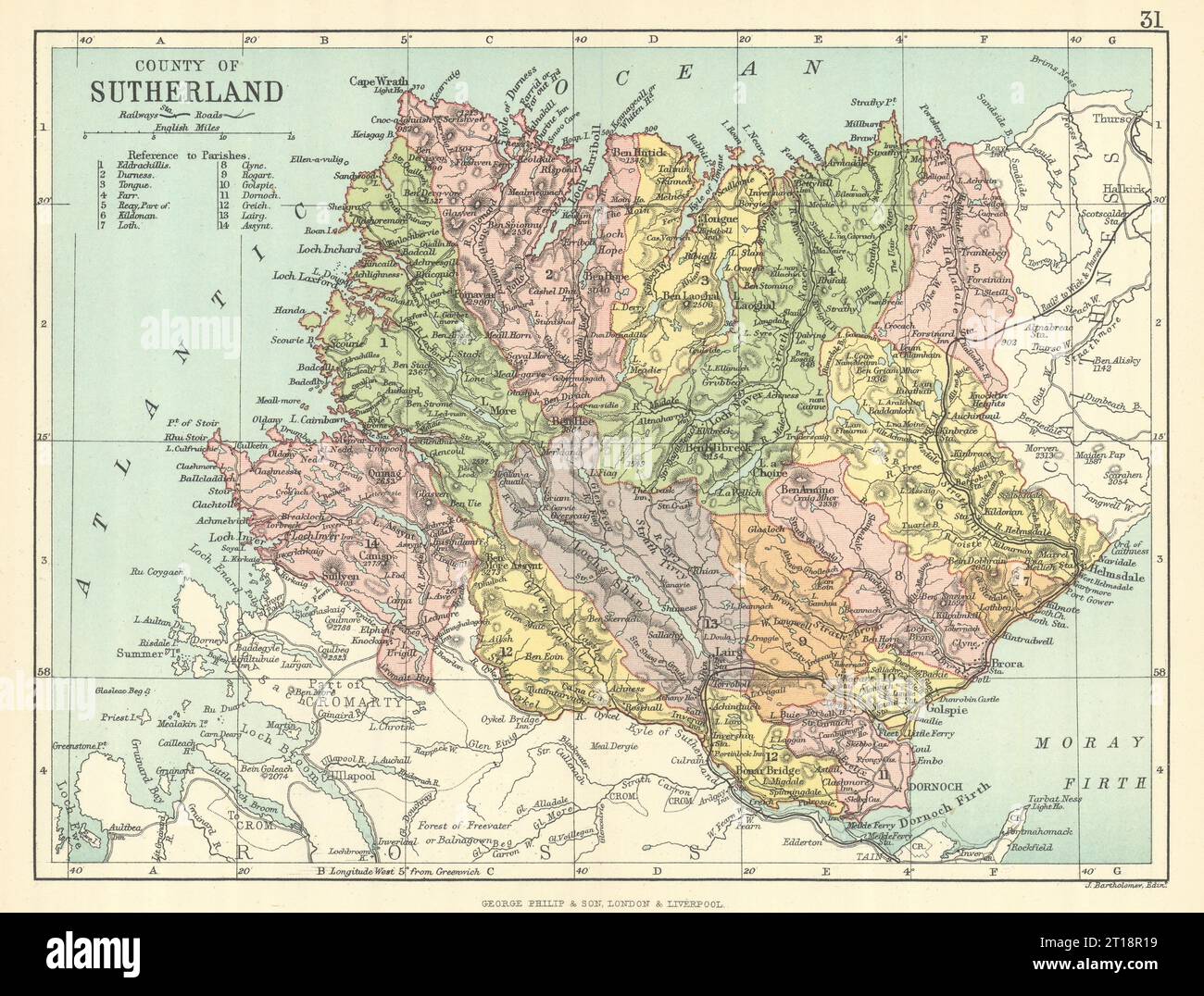 "Contea di Sutherland". Sutherlandshire. Parrocchie. BARTHOLOMEW 1888 vecchia mappa Foto Stock