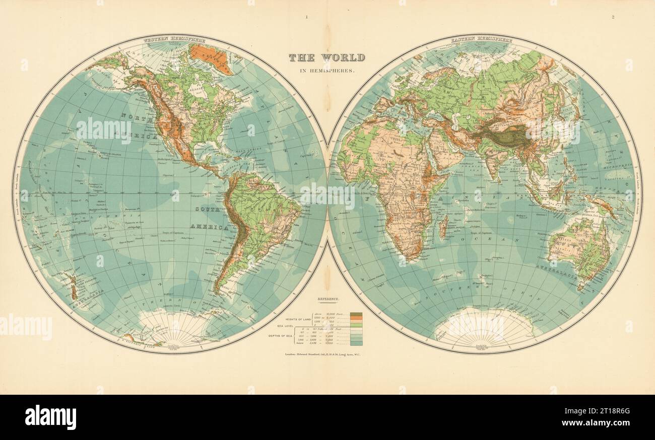Mondo a Hemisphheres - occidentale & orientale. STANFORD c1925 vecchia mappa d'epoca Foto Stock