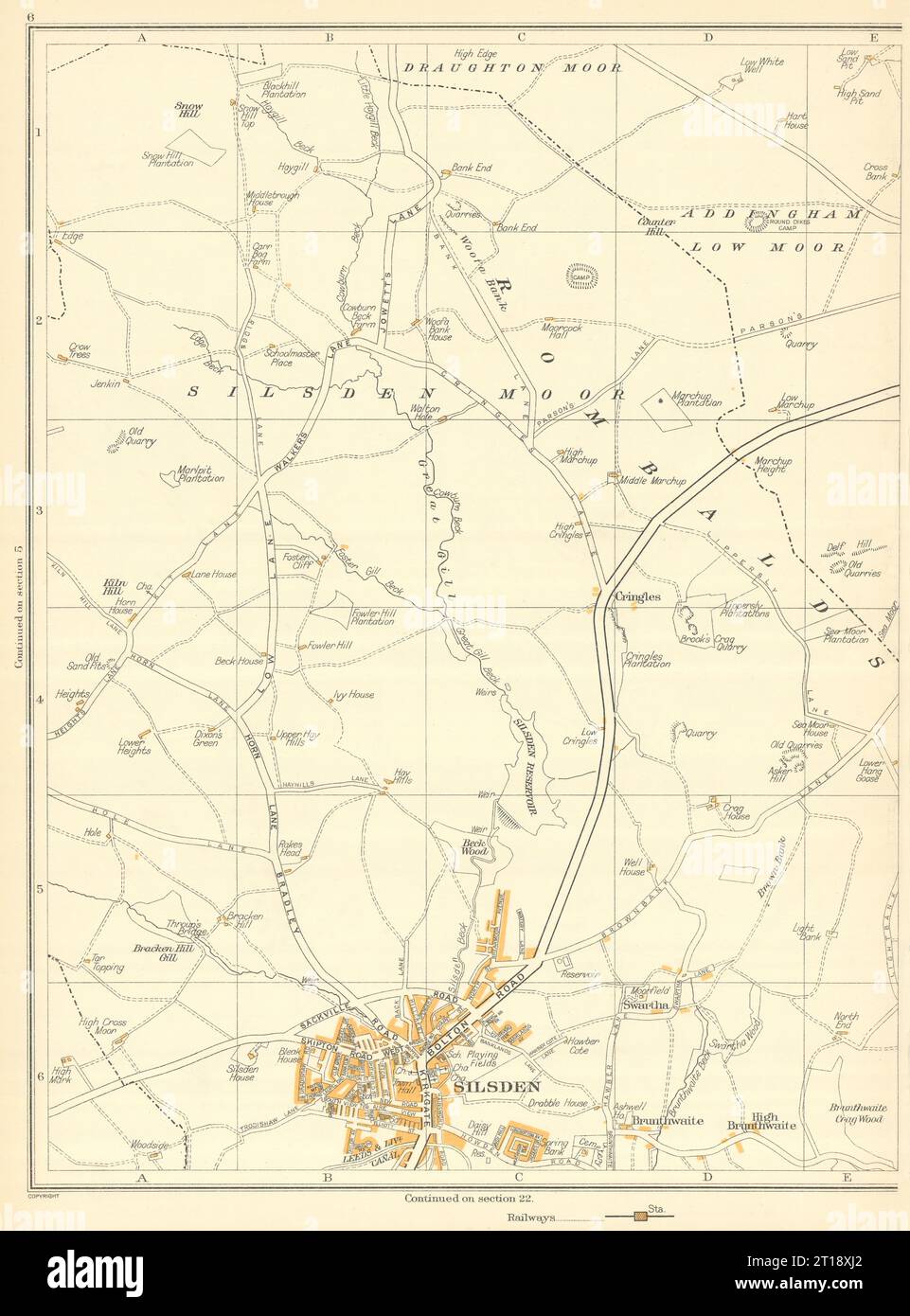 YORKSHIRE Silsden Draughton Moor Brunthwaite Cringles Addingham 1935 vecchia mappa Foto Stock