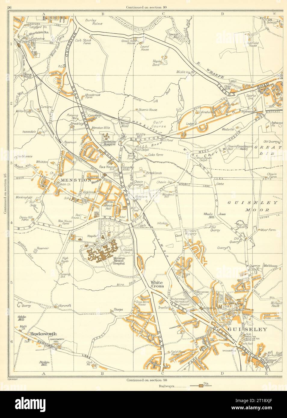 GUISELEY Otley Guiseley Moor Hawksworth Menston Whale Hill White Cross 1935 mappa Foto Stock