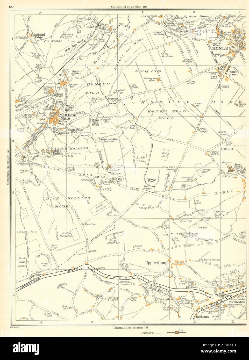 HONLEY Upperthong Netherthong Wilshaw Meltham Mills Crosland Edge 1935 vecchia mappa Foto Stock
