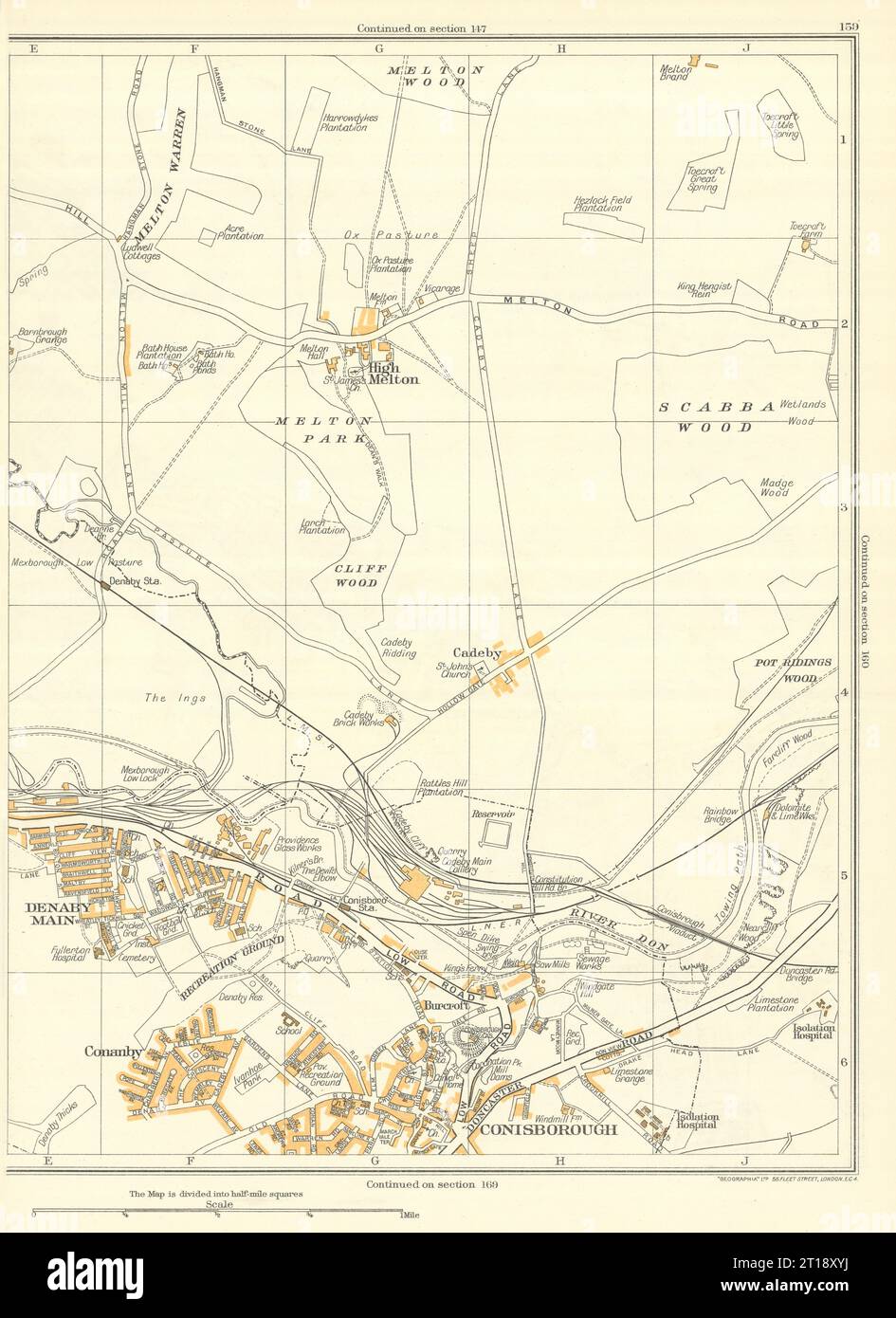 CONISBOROUGH Denaby Main Conanby Spotbrough Cadeby High Melton 1935 vecchia mappa Foto Stock