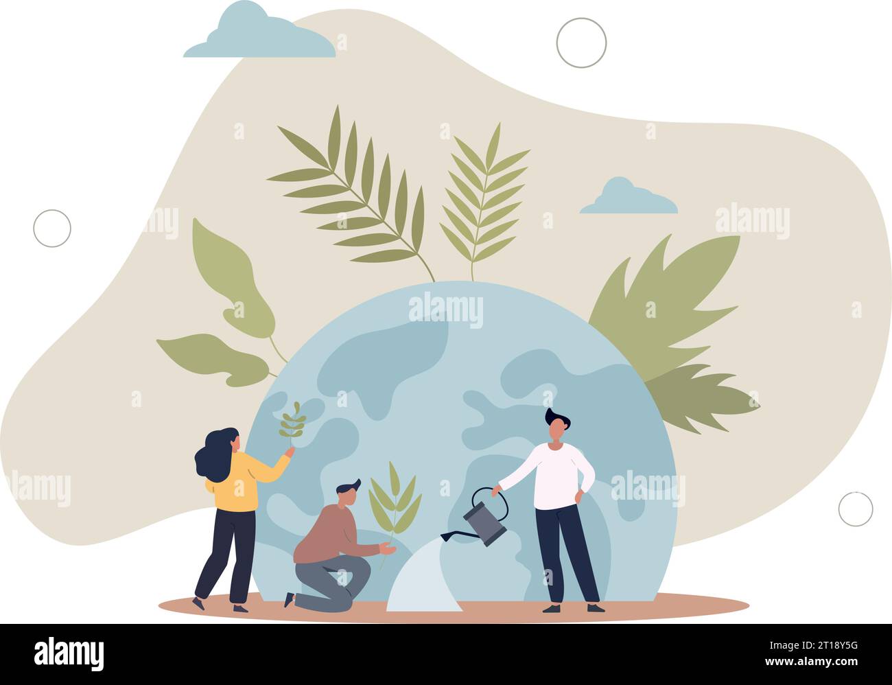 Movimento globale ambientalismo.la sostenibilità e la protezione della Terra hanno guidato il lavoro della comunità. Cura degli esseri viventi e pulito. Illustrazione Vettoriale