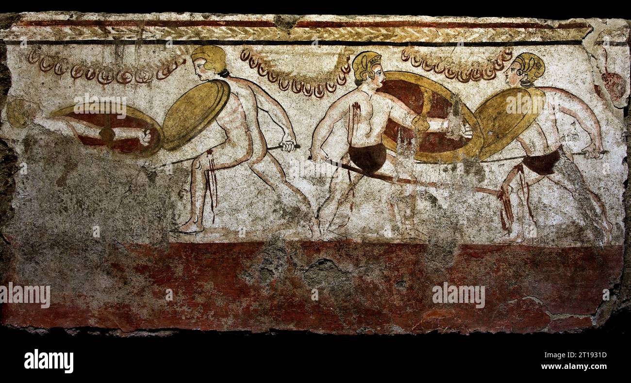 Scena che mostra due uomini in combattimento. Laghetto, tomba X (350 a.C.). Tomba ad affresco lucana, le rovine di Paestum sono famose per i loro tre antichi templi greci nell'ordine dorico dal 550 al 450 a.C. Foto Stock
