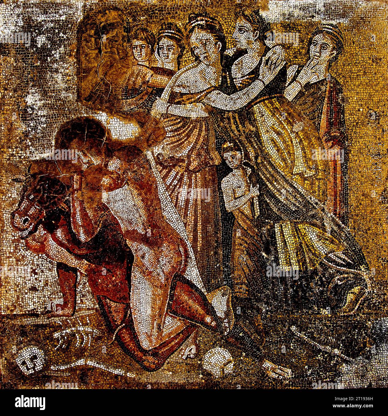 Il mosaico della città romana di Pompei si trova vicino a Napoli, nella regione Campania. Pompei fu sepolta sotto 4-6 m di cenere vulcanica e pomice nell'eruzione del Vesuvio nel 79 d.C. Italia, Museo, Napoli, Foto Stock