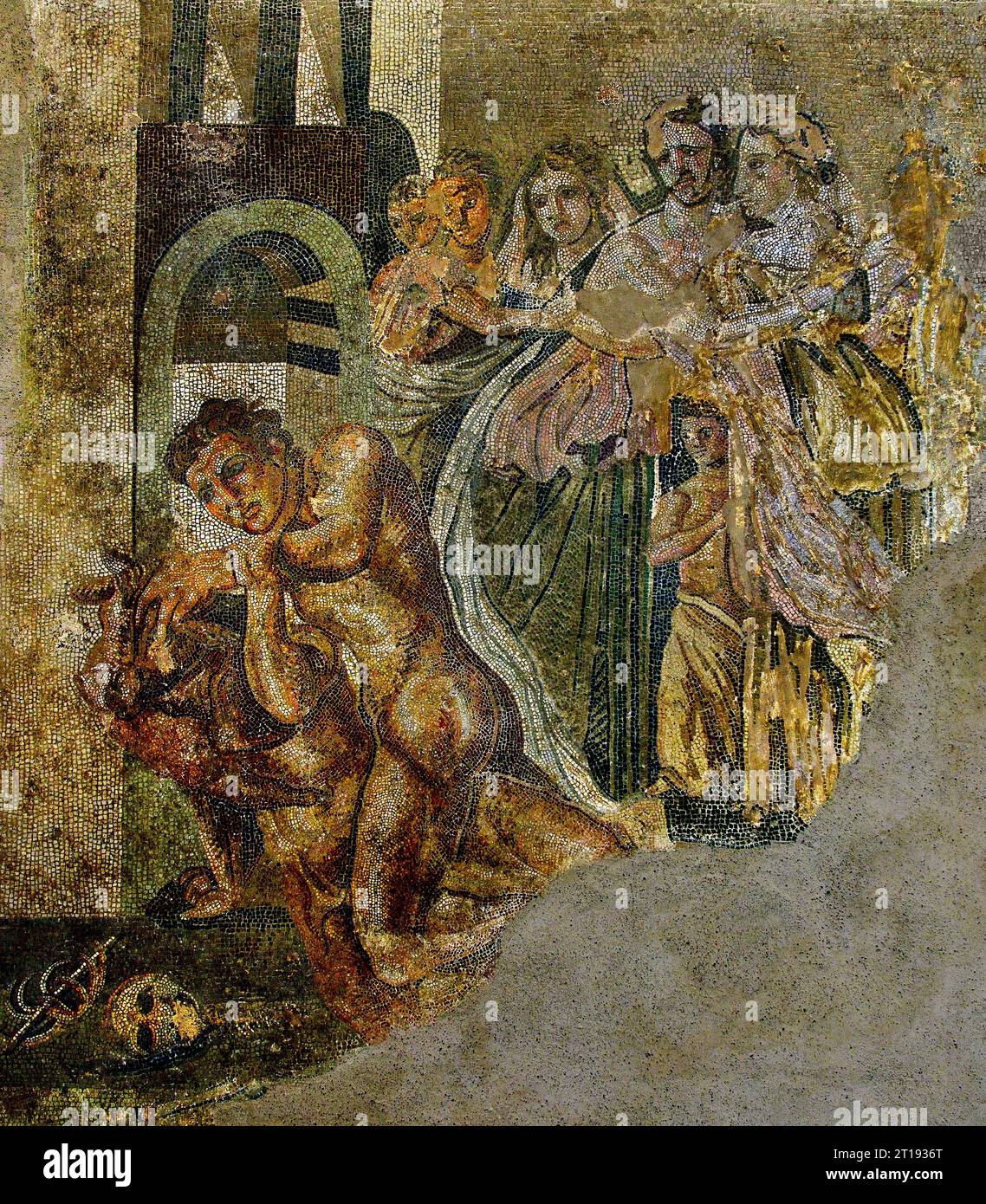 Il mosaico della città romana di Pompei si trova vicino a Napoli, nella regione Campania. Pompei fu sepolta sotto 4-6 m di cenere vulcanica e pomice nell'eruzione del Vesuvio nel 79 d.C. Italia, Museo, Napoli, Foto Stock