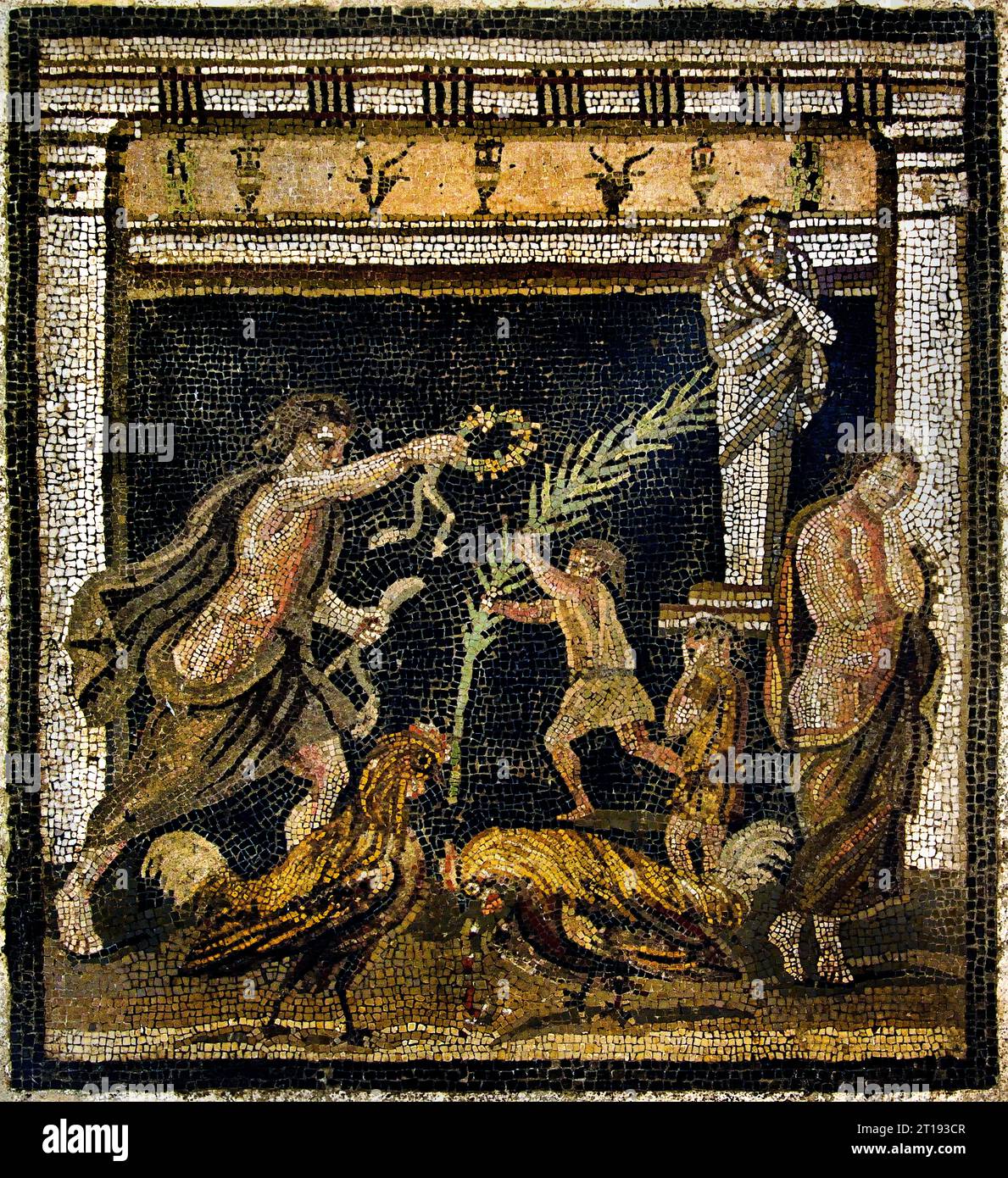 Il mosaico della città romana di Pompei si trova vicino a Napoli, nella regione Campania. Pompei fu sepolta sotto 4-6 m di cenere vulcanica e pomice nell'eruzione del Vesuvio nel 79 d.C. Italia, Museo, Napoli, Foto Stock
