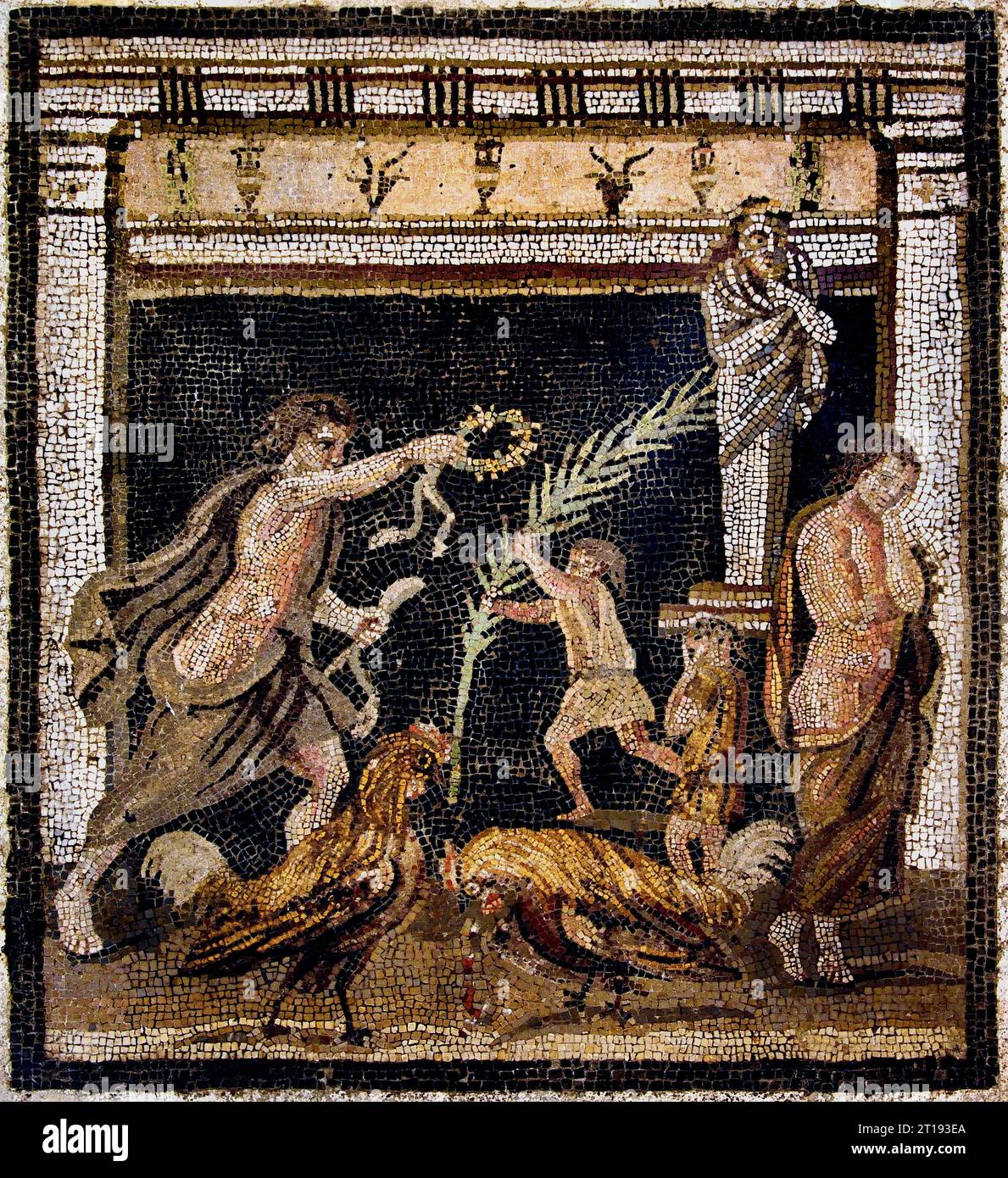 Il mosaico della città romana di Pompei si trova vicino a Napoli, nella regione Campania. Pompei fu sepolta sotto 4-6 m di cenere vulcanica e pomice nell'eruzione del Vesuvio nel 79 d.C. Italia, Museo, Napoli, Foto Stock