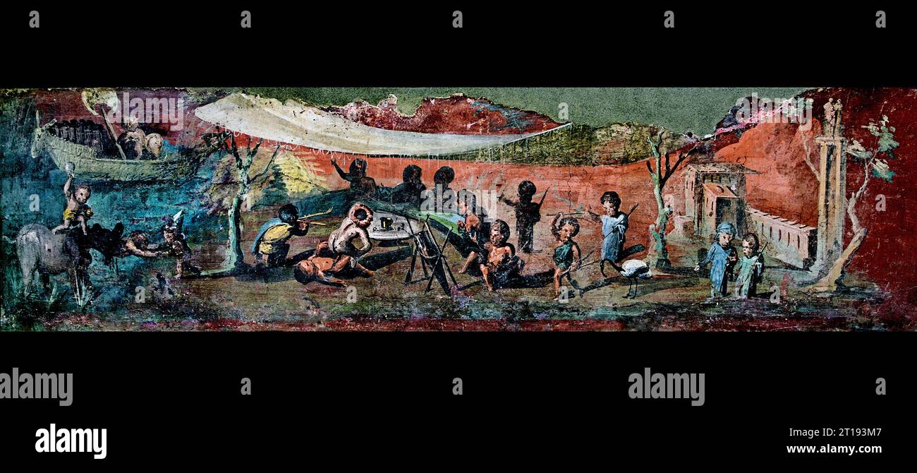 Il mosaico della città romana di Pompei si trova vicino a Napoli, nella regione Campania. Pompei fu sepolta sotto 4-6 m di cenere vulcanica e pomice nell'eruzione del Vesuvio nel 79 d.C. Italia, Museo, Napoli, Foto Stock