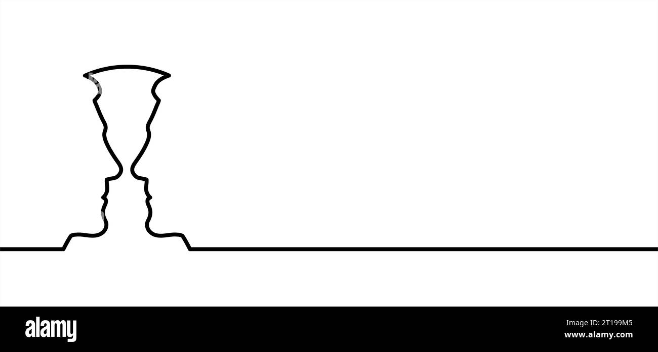 Cartoni animati rotondi, circolari, pattern di linea del profilo del volto, due teste di silhouette con contorno a owerlap. Relazioni, comunicazione interpersonale, terapia astratta. Foto Stock