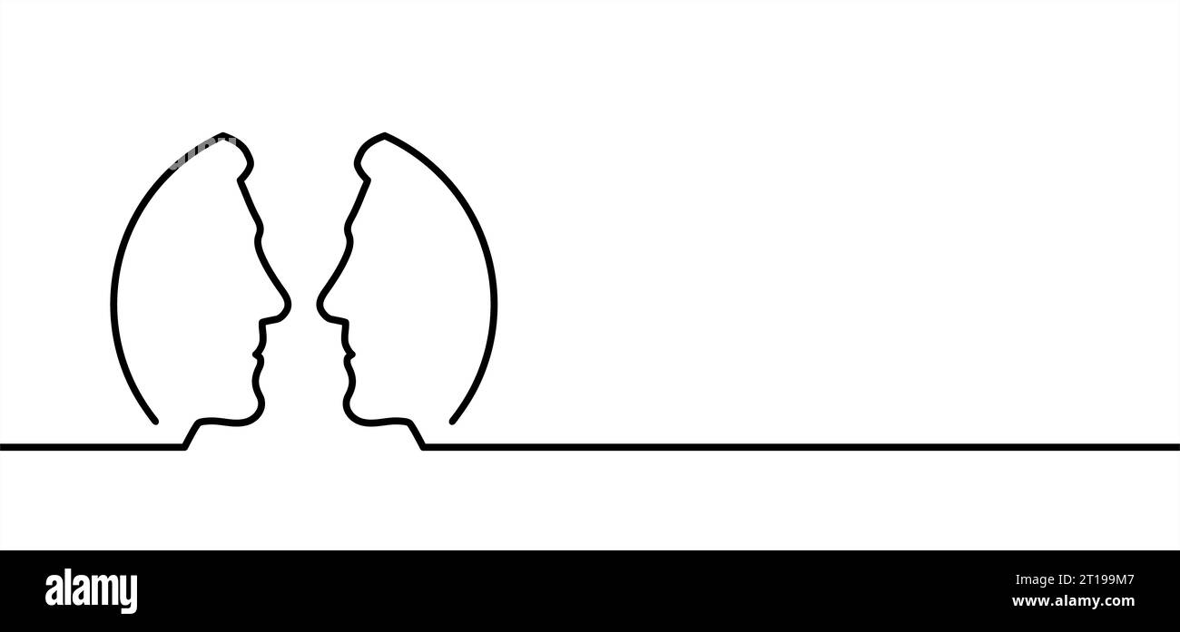 Cartoni animati rotondi, circolari, pattern di linea del profilo del volto, due teste di silhouette con contorno a owerlap. Relazioni, comunicazione interpersonale, terapia astratta. Foto Stock