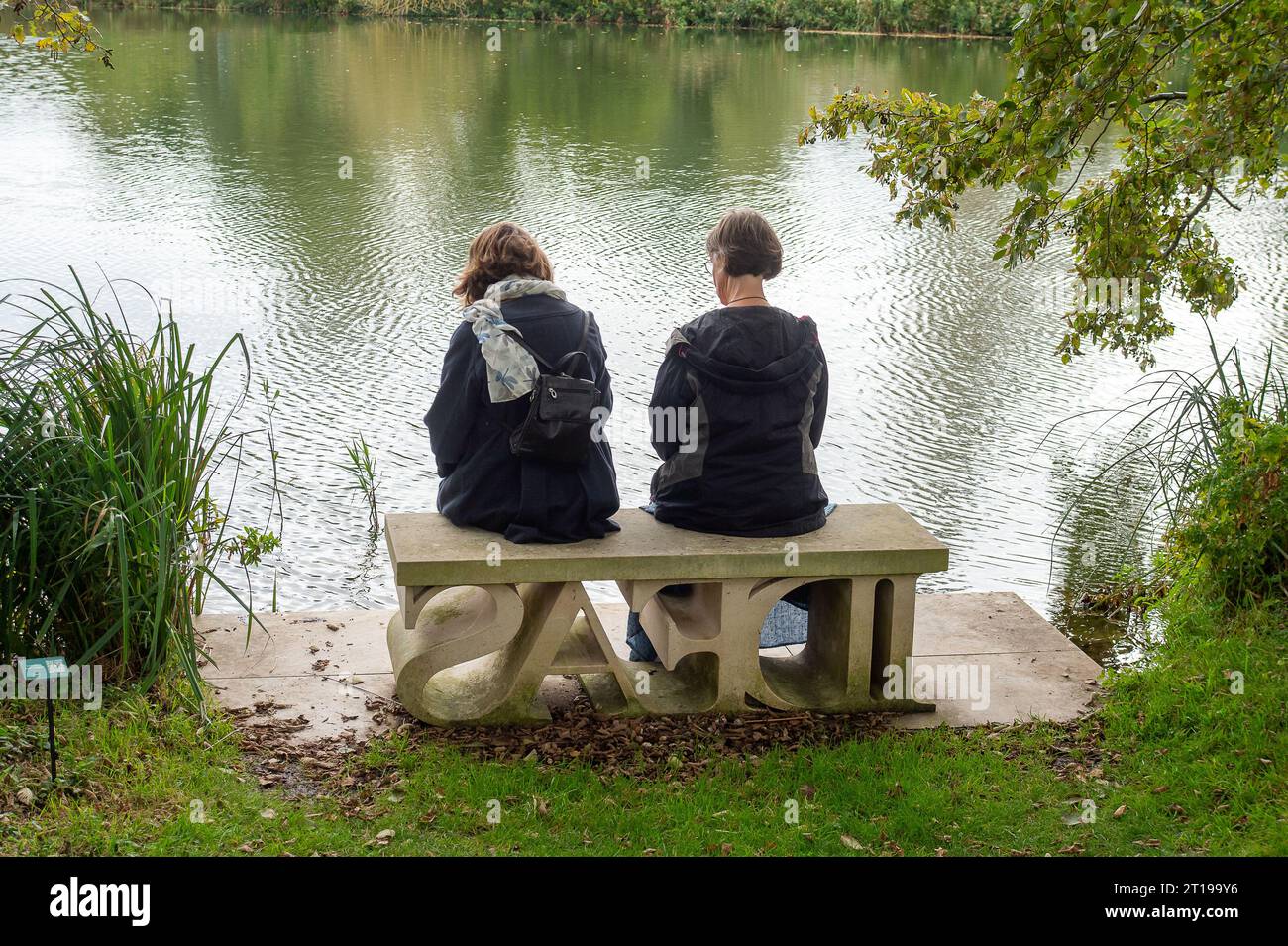 Dorchester, Regno Unito. 10 ottobre 2023. Ideas Bench. La splendida e tranquilla cornice di Scuplture by the Lakes at Pallington Lakes a Dorchester, Dorset. Gli ex laghi da pesca furono conquistati dallo scultore Simon Gudgeon e da sua moglie Linda nel 2007. "Descritto come uno degli ambienti più belli e unici del Regno Unito. Con oltre 120 opere posizionate lungo il Parco delle sculture, è un luogo in cui è possibile sperimentare l'arte e il paesaggio che si integrano perfettamente. È da qualche parte che puoi lasciarti alle spalle la tua vita frenetica e goderti pace e tranquillità in un ambiente bello e sereno. Ambientato nel 26 Foto Stock