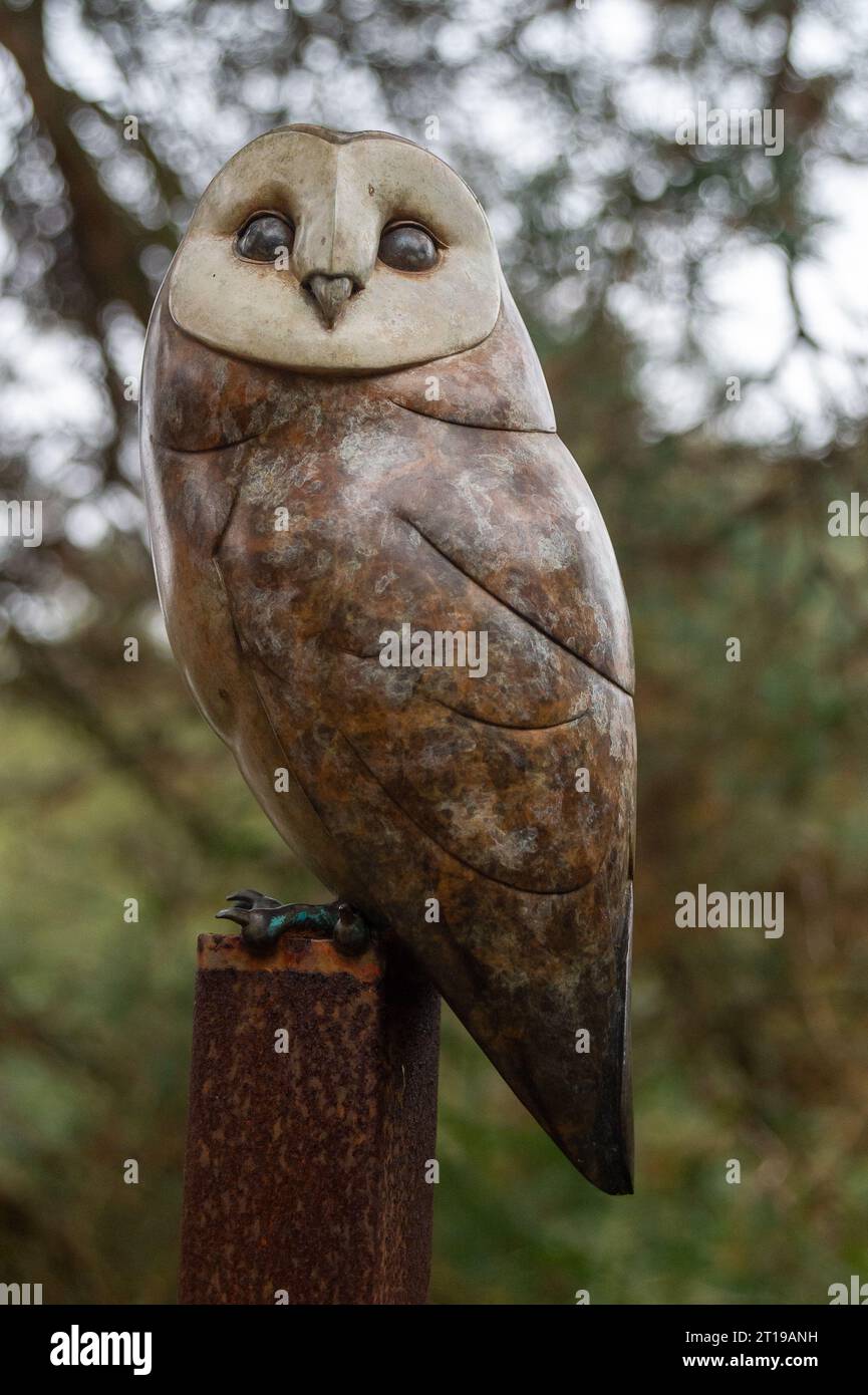 Dorchester, Regno Unito. 10 ottobre 2023. Barn Owl di Adam Binder. La splendida e tranquilla cornice di Scuplture by the Lakes at Pallington Lakes a Dorchester, Dorset. Gli ex laghi da pesca furono conquistati dallo scultore Simon Gudgeon e da sua moglie Linda nel 2007. "Descritto come uno degli ambienti più belli e unici del Regno Unito. Con oltre 120 opere posizionate lungo il Parco delle sculture, è un luogo in cui è possibile sperimentare l'arte e il paesaggio che si integrano perfettamente. È da qualche parte che puoi lasciarti alle spalle la tua vita frenetica e goderti pace e tranquillità in un ambiente bello e sereno Foto Stock