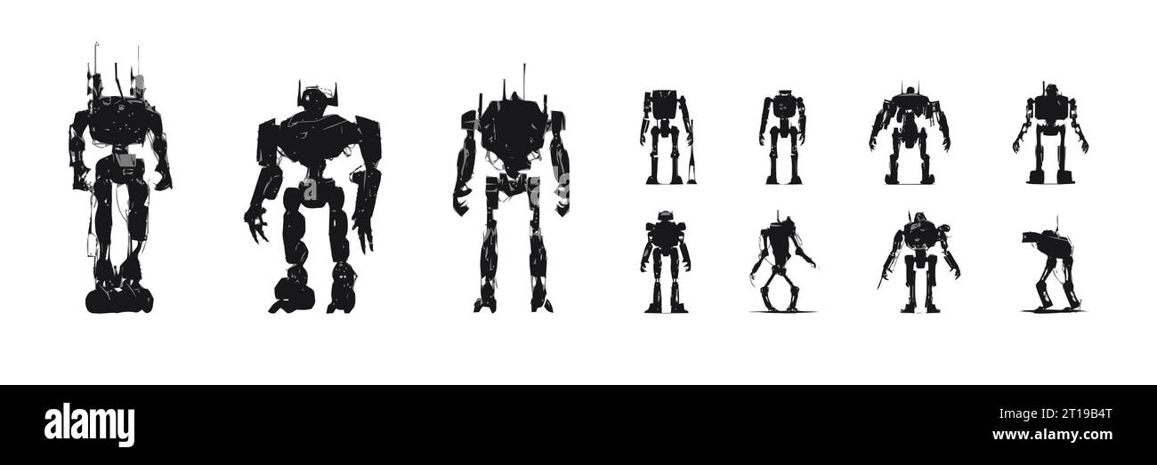 Set di sagome nere di robot isolati su sfondo bianco, illustrazione vettoriale Illustrazione Vettoriale
