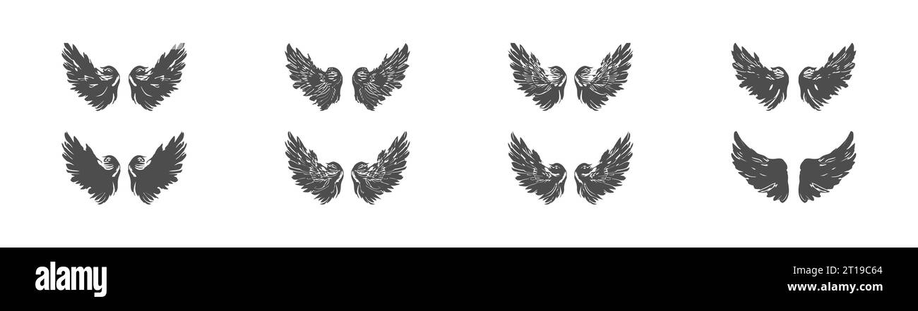 Le ali angolari impostano un cartone animato piatto isolato su sfondo bianco. Illustrazione vettoriale isolata Illustrazione Vettoriale