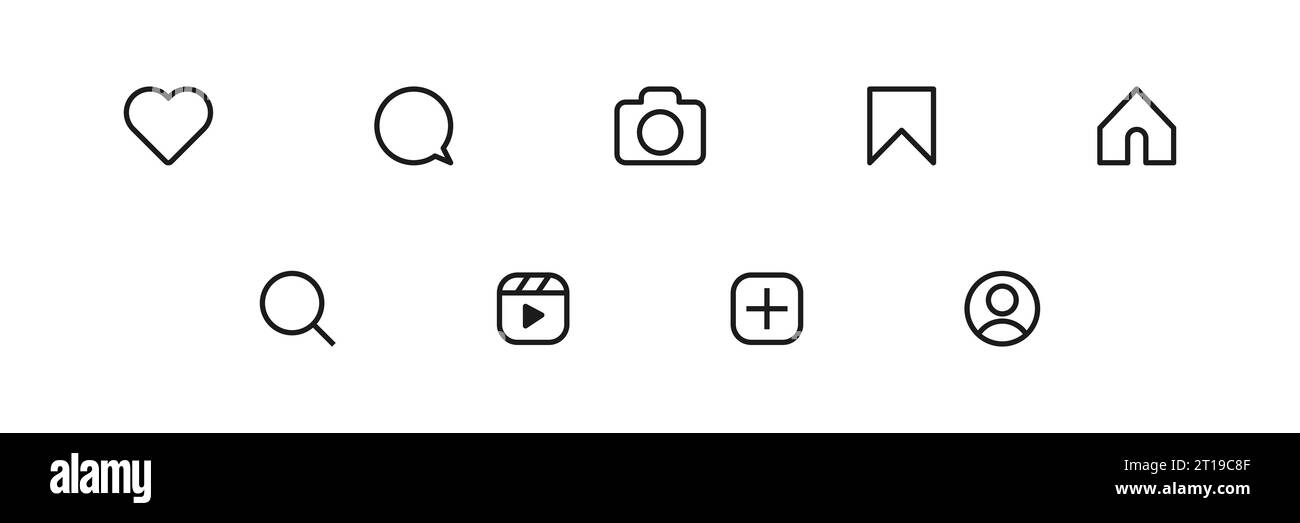 Set di icone della linea dei social media. Pulsante Home, mi piace, commento e altro per l'app Web. Illustrazione vettoriale isolata Illustrazione Vettoriale