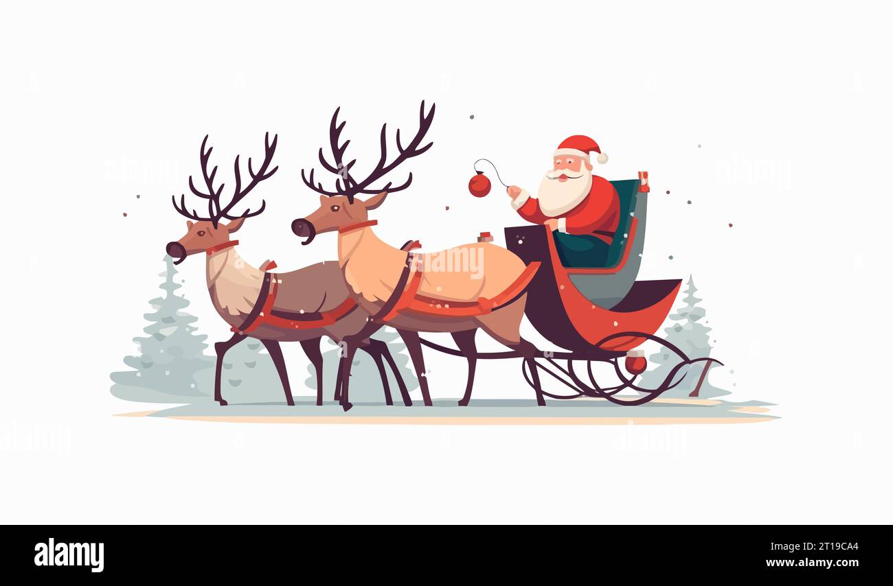 Slitta di Santa Clausin con cartone animato piatto di renne di Natale isolato su sfondo bianco. Illustrazione vettoriale Illustrazione Vettoriale