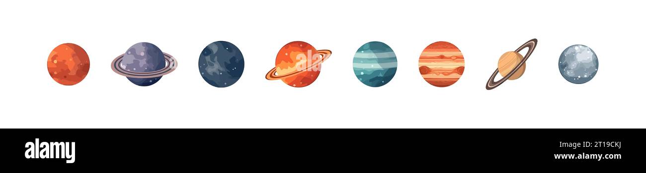 I pianeti del sistema solare impostano un cartone animato piatto isolato su sfondo bianco. Illustrazione vettoriale isolata Illustrazione Vettoriale