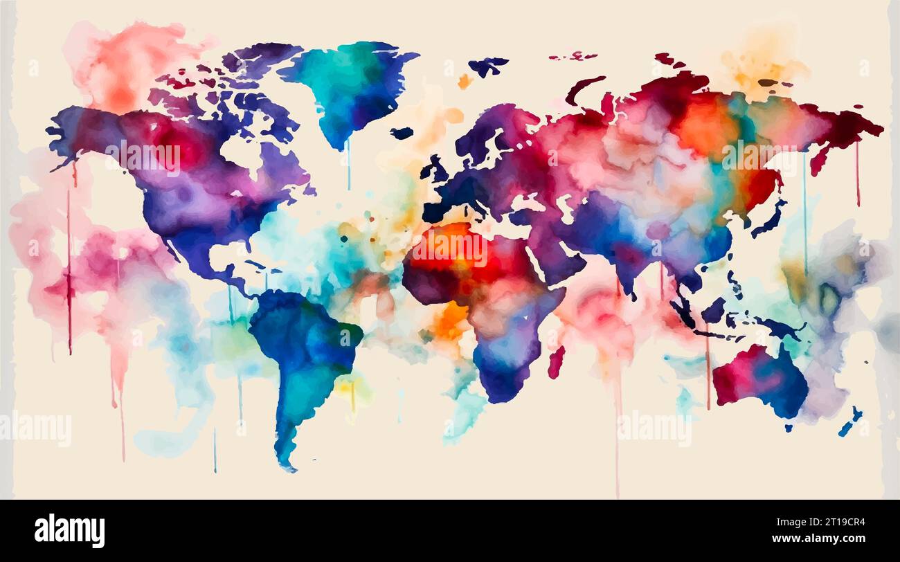 Mappa del mondo astratta. Continenti colorati con sfondo ad acquerello. Illustrazione della ripetizione vettoriale Illustrazione Vettoriale