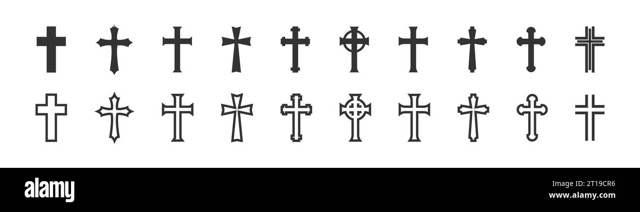 Icona Christian Cross Set. Collezione di icone nere e di linee per crocifisso religioso. Illustrazione vettoriale isolata Illustrazione Vettoriale