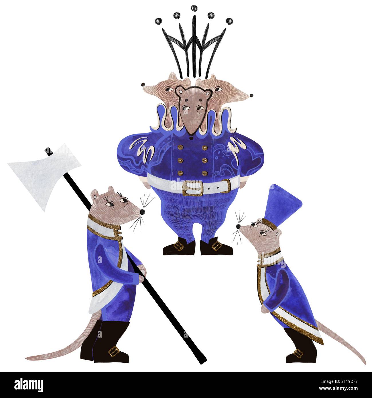 Set di ratti acquerelli. La favola dello Schiaccianoci. Illustrazione isolata. Clipart. Illustrazione raster per imballaggio, biglietti d'auguri e carta da imballaggio Foto Stock