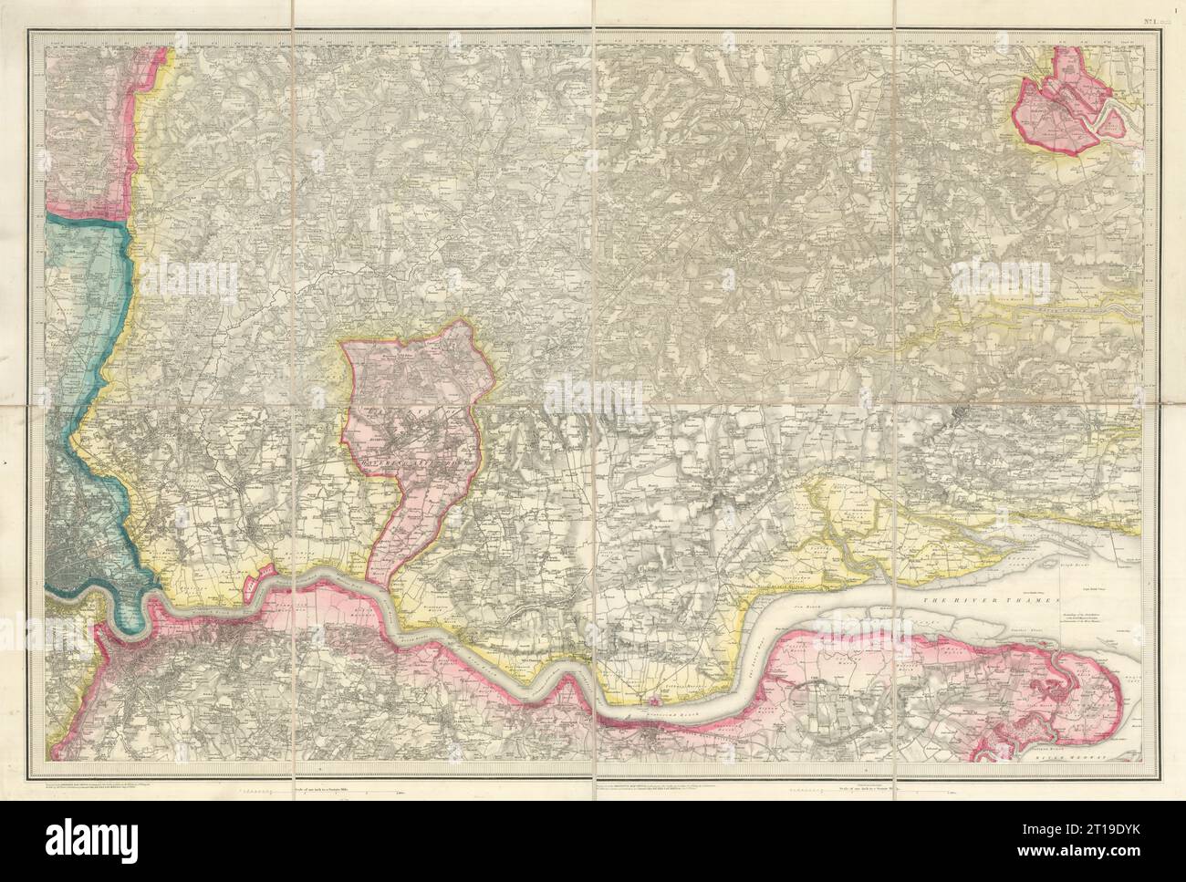 OS #1 East London, Tamigi Estuary & Basin, South Essex. Southend Maldon 1844 mappa Foto Stock
