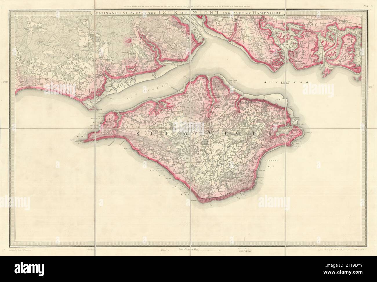 OS #10 Isola di Wight e Hampshire Coast. Lymington Portsmouth New Forest 1810 mappa Foto Stock