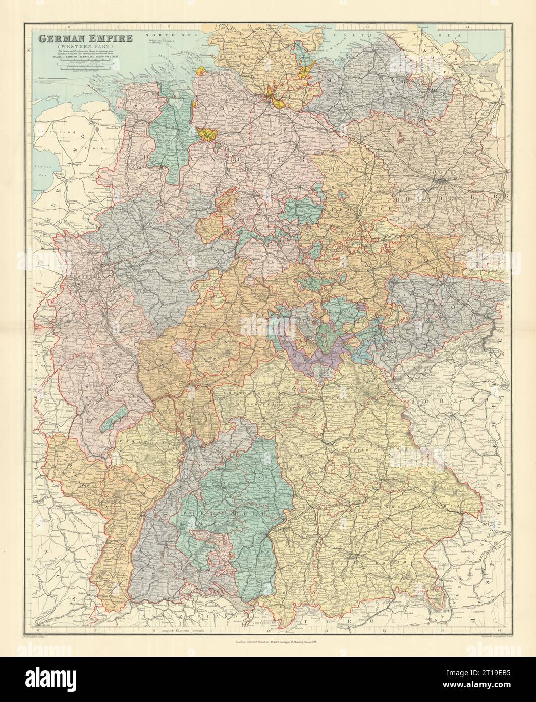 Impero tedesco ovest. Germania con Alsazia Lorena. 65 x 52 cm. Vecchia mappa di STANFORD 1894 Foto Stock