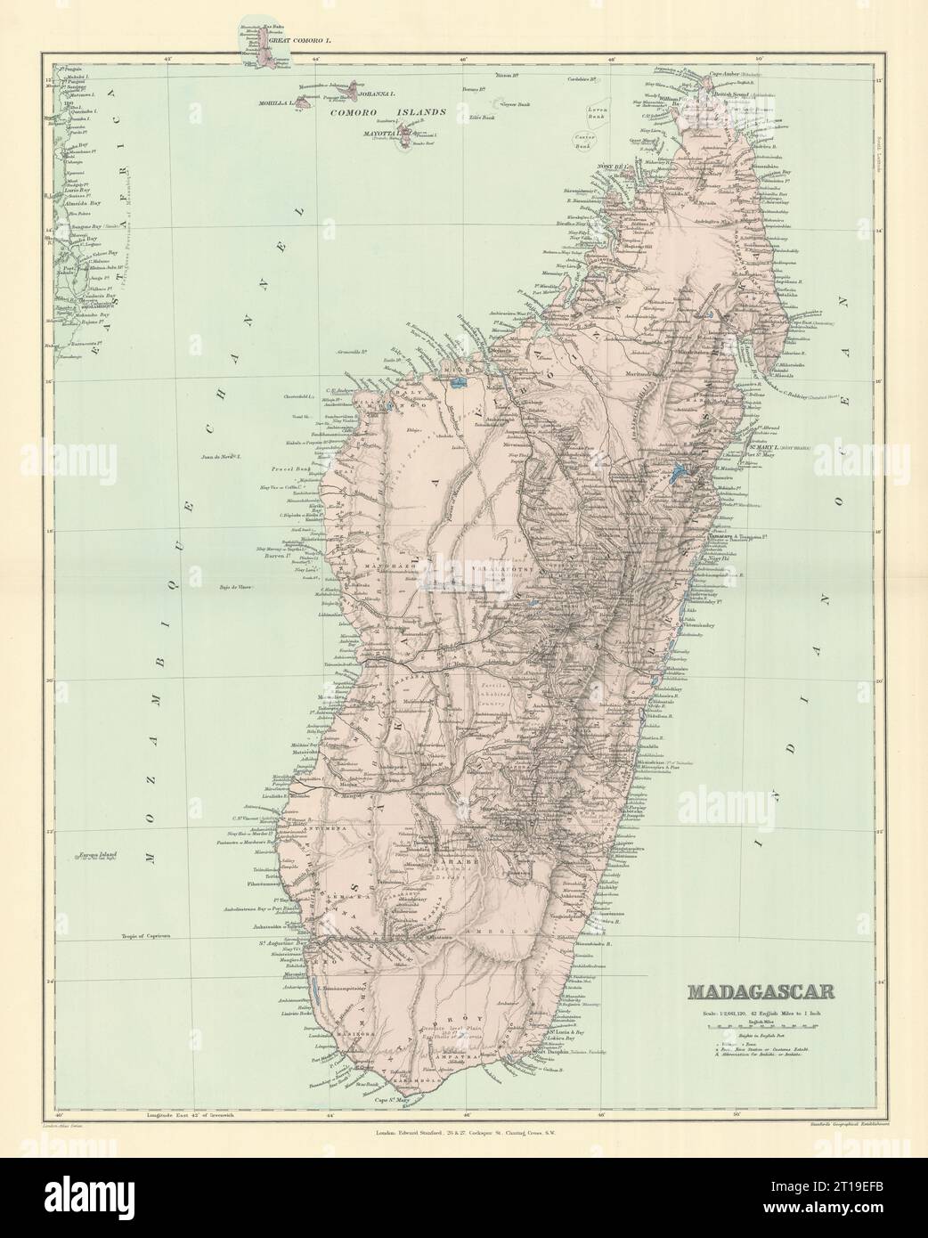 Madagascar, Comore e Mayotte. Costa del Mozambico. 50x64cm STANFORD 1894 vecchia mappa Foto Stock