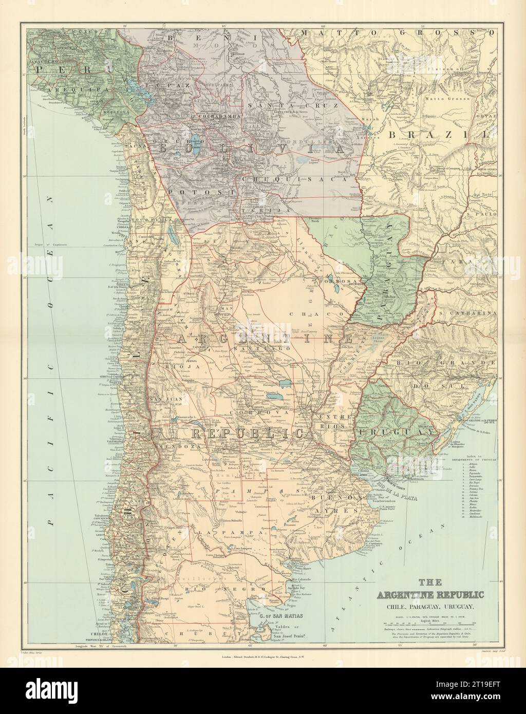 Repubblica argentina, Cile, Paraguay e Uruguay. Sud America. Mappa DI STANFORD 1894 Foto Stock