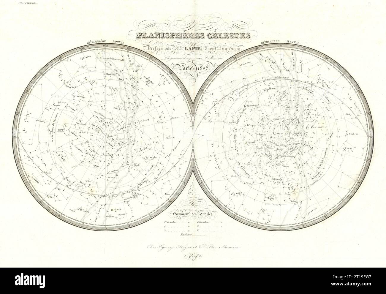 Planisphères célestes. Astronomia cartografica delle stelle celesti. Mappa LAPIE 1828 vecchia Foto Stock