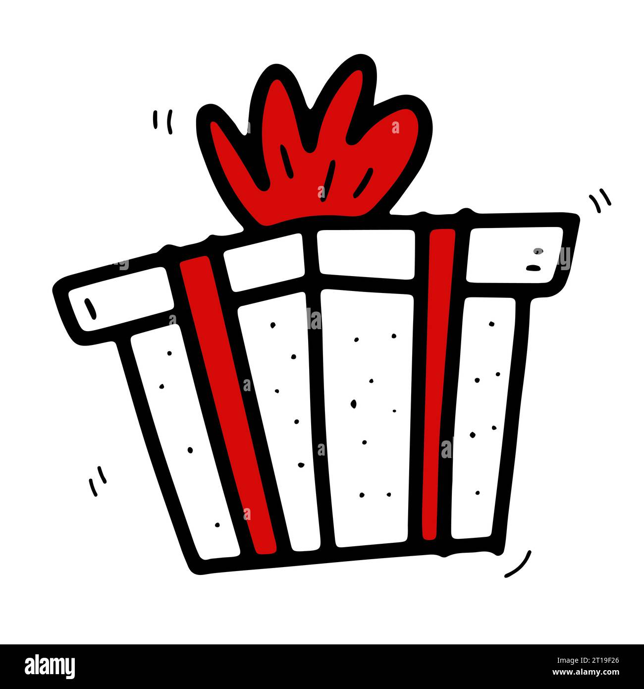 Simpatico adesivo regalo. Presenza disegnata a mano isolata su sfondo bianco. Carta da imballaggio a sorpresa con arco di colore rosso, punto. Vacanze, Capodanno, Christm Illustrazione Vettoriale