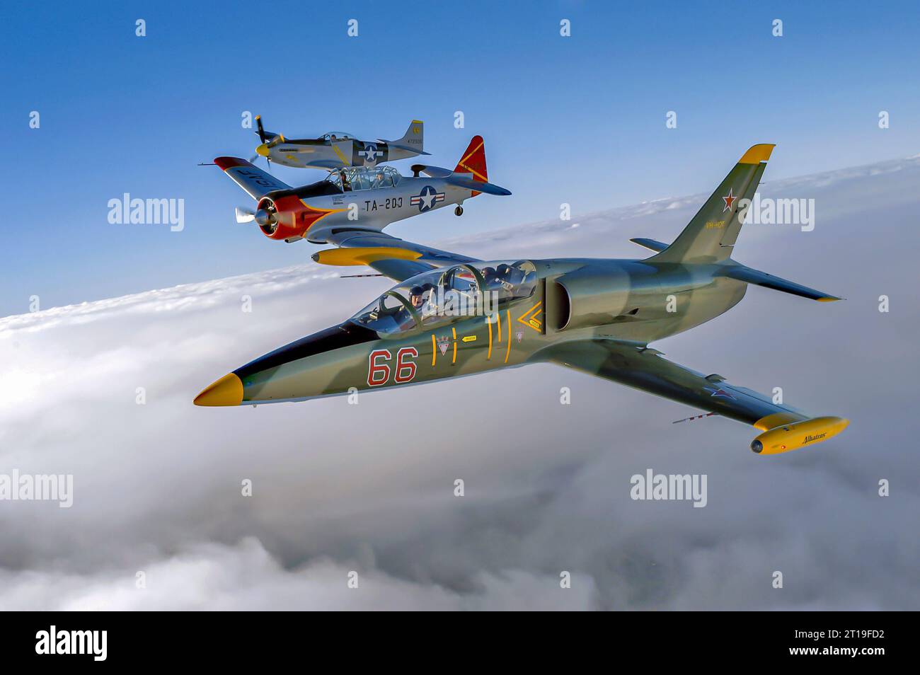 Un ritratto aereo di tre uccelli da guerra in formazione, L-39 Albatros, T6 Texan/Harvard, P-51D Mustang. Foto Stock