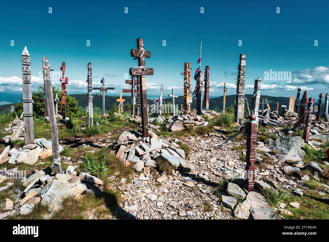 Tradizionali pali di legno a Harghita Peak nei Carpazi, Transilvania, Romania. Foto Stock