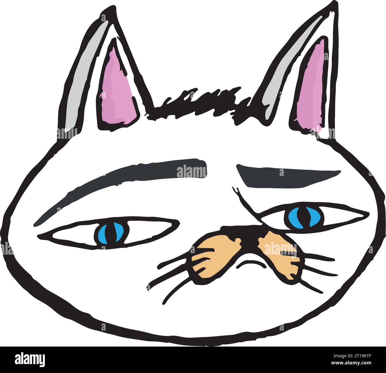 L'adesivo bianco scontroso con la testa di gatto, con linee a inchiostro e occhi blu, indossa un'espressione sarcastica sul viso. Illustrazione Vettoriale