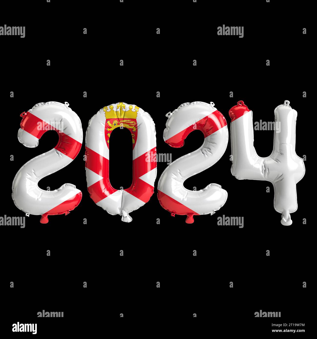 Illustrazione in 3d della lettera relativa al nuovo anno 2024 con palloncini sulla bandiera della maglia a colori Foto Stock